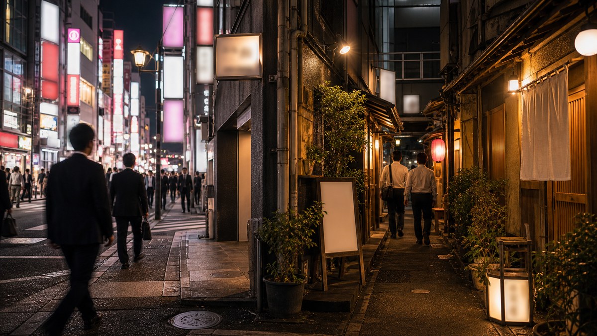 看板はギラギラ、でも一本入ると普通の飲み屋街の要点を表す画像