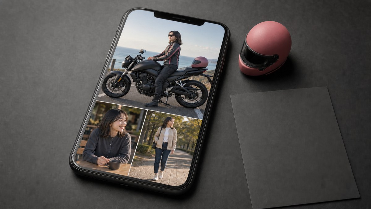 プロフ一枚目が、バイクにまたがった写真だったの要点を表す画像