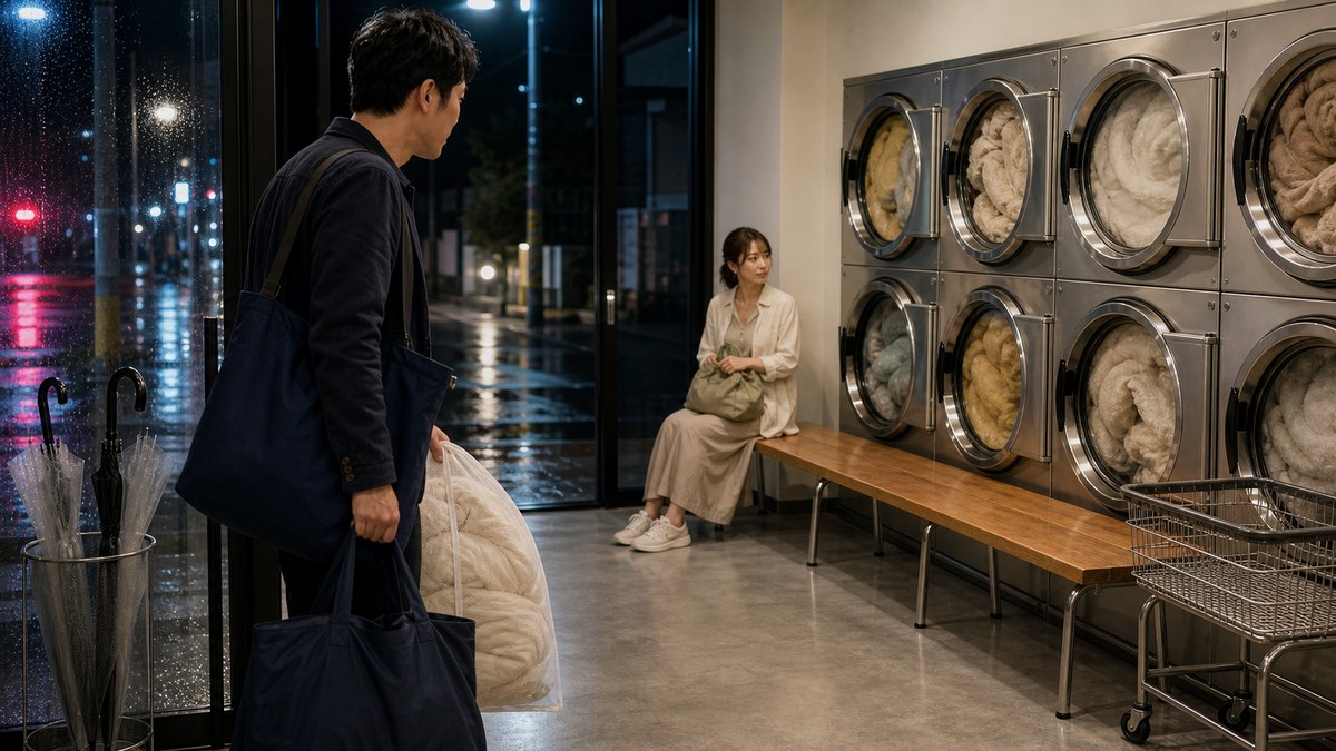 梅雨のコインランドリーは、夜のほうが空いてるの要点を表す画像
