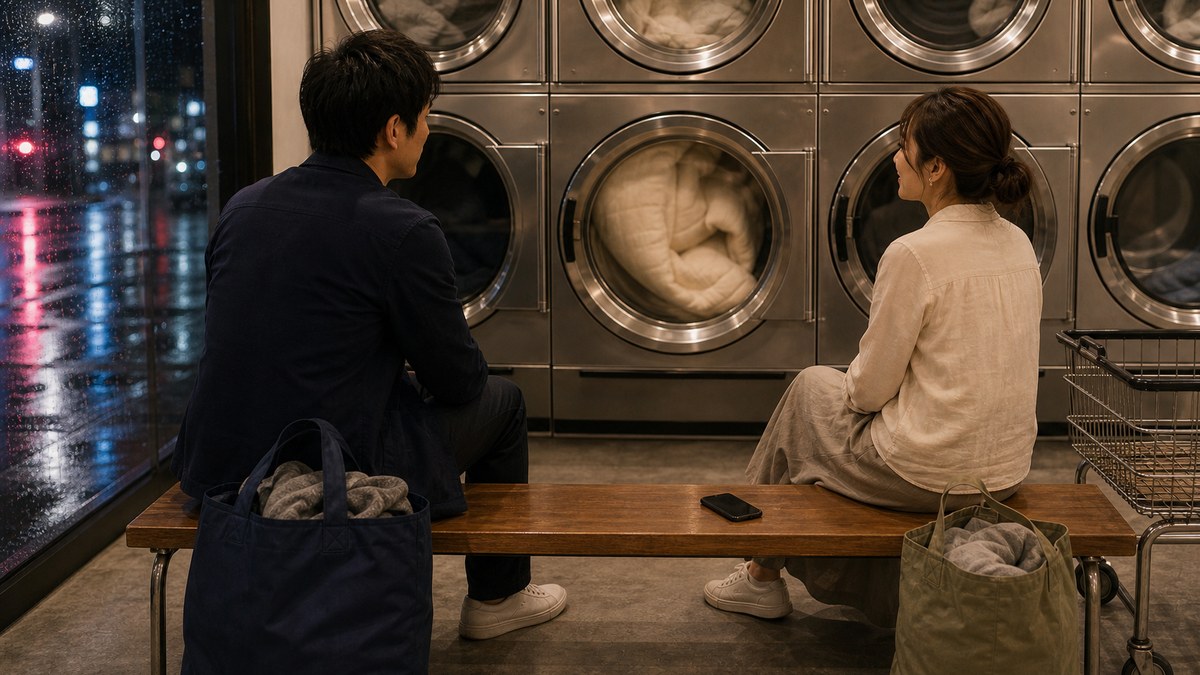 乾燥機が回る30分、二人ともやることがないの要点を表す画像