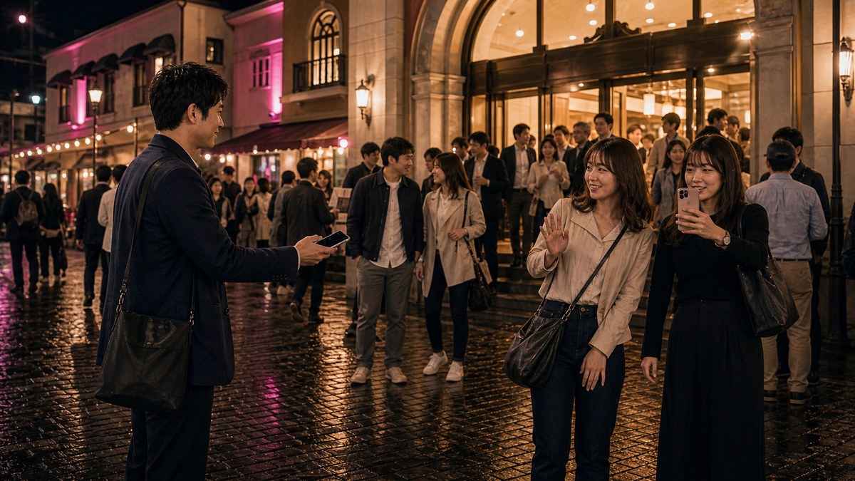 映画館前の広場で、上映終わりの波を待つの要点を表す画像