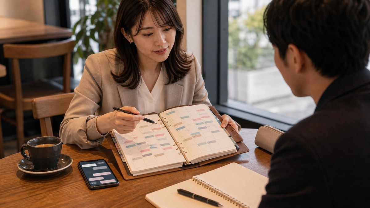 初回の予定調整で、三ヶ月先まで埋まった手帳が出てきたの要点を表す画像
