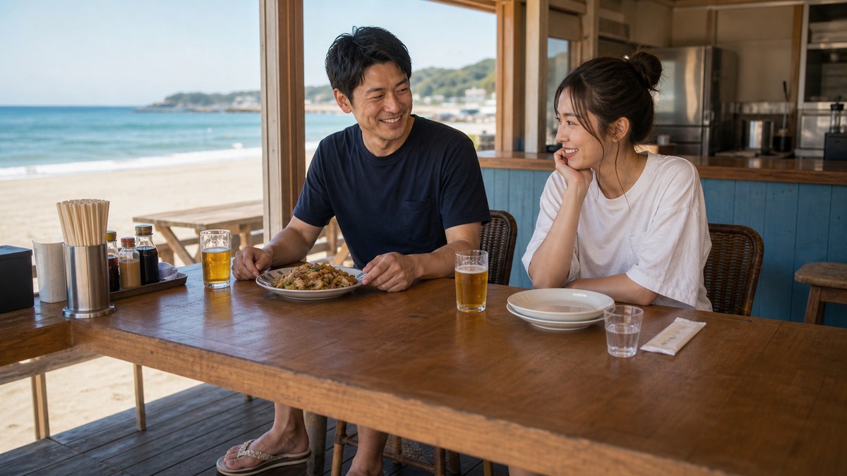 隣にサンダルの子が座って、焼きそばの取り合いみたいになったの要点を表す画像