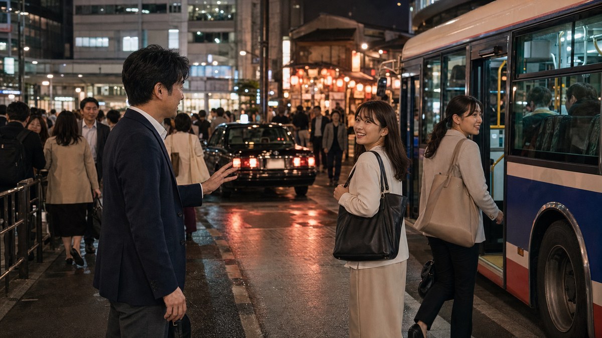 駅前ロータリーで声をかけて、一組目は流されるの要点を表す画像