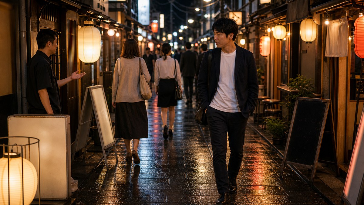 本町の飲み屋街で、空振りと客引きの間を縫うの要点を表す画像
