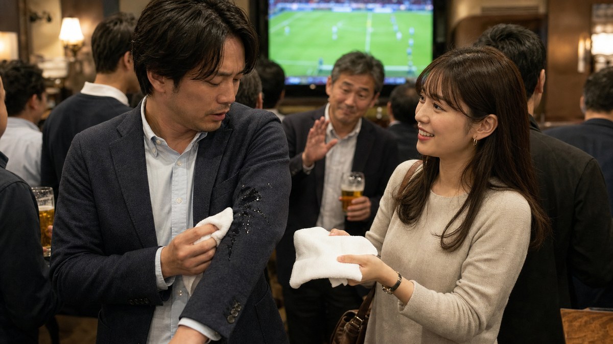 こぼれたビールと、隣に立った28歳の要点を表す画像