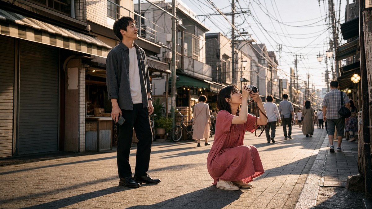 夕方4時の下町。首からカメラを下げて、ゆるく現れたの要点を表す画像