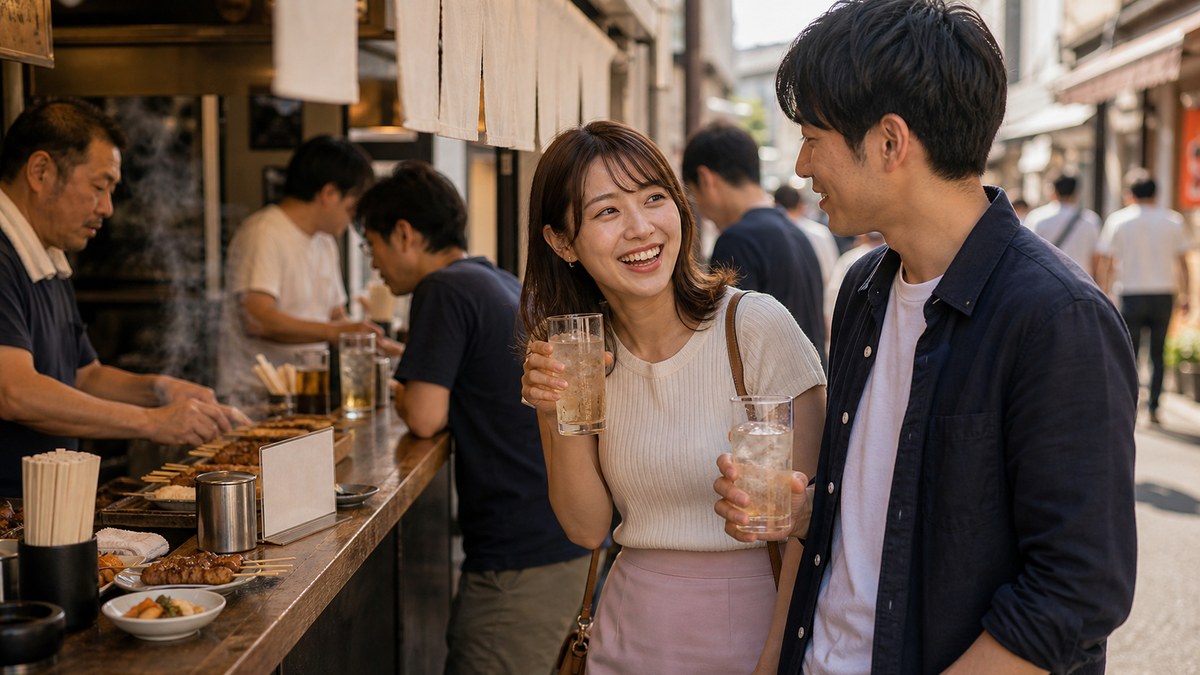 OK横丁の奥の立ち飲みで、ハイボール片手のキョウカと並ぶの要点を表す画像