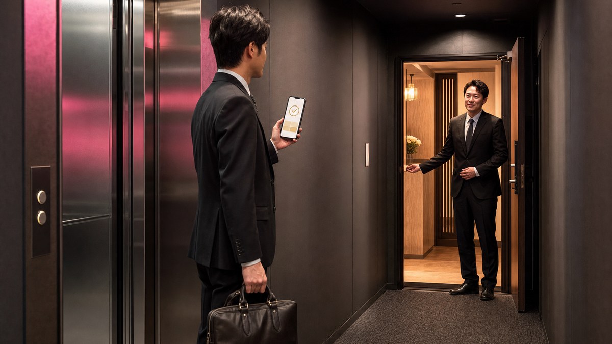 予約して、碁盤の目を歩いて、雑居ビルの五階への要点を表す画像