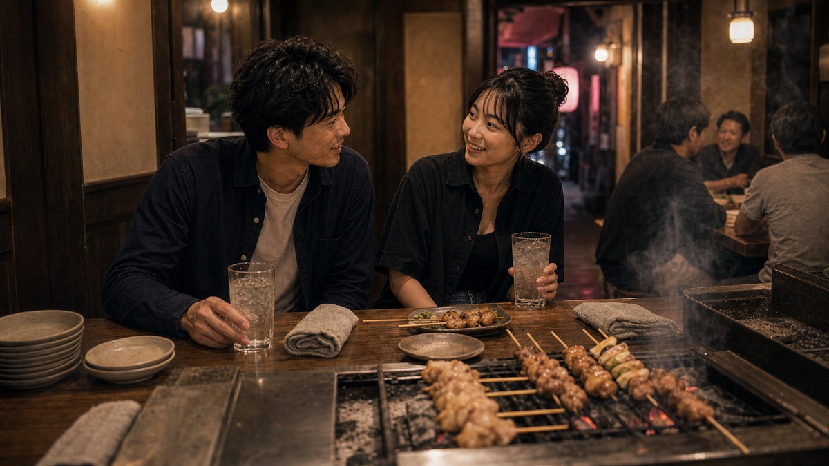 北口の大衆居酒屋で、ホールの子の隣に座るの要点を表す画像