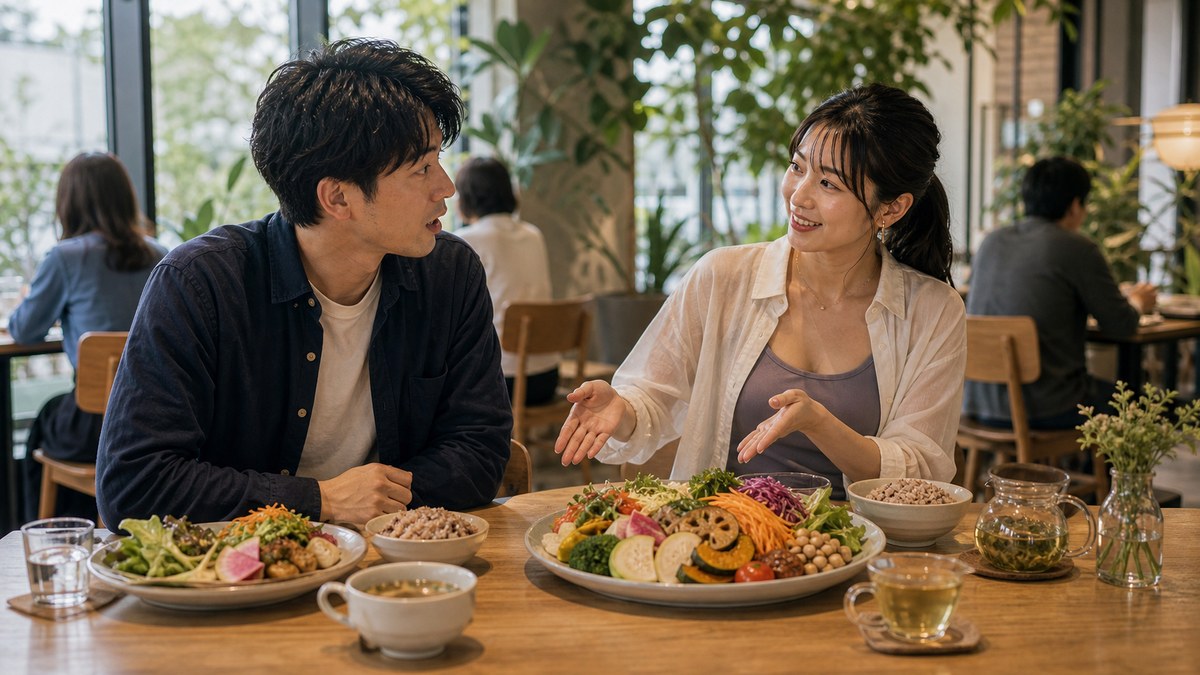 日曜の昼、向こうが選んだのは野菜だらけの店だったの要点を表す画像