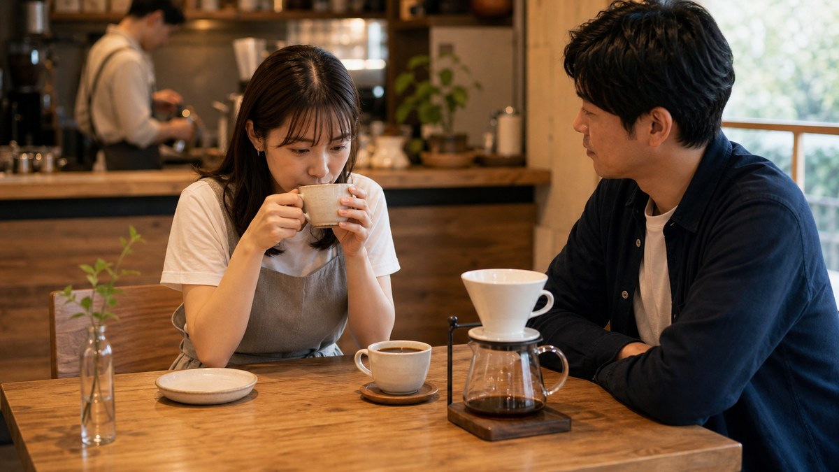 昼のカフェで、客の観察が始まったの要点を表す画像