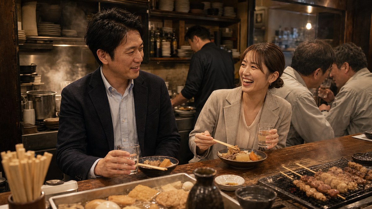東口の居酒屋、煮込みのうまい店で隣に座るの要点を表す画像