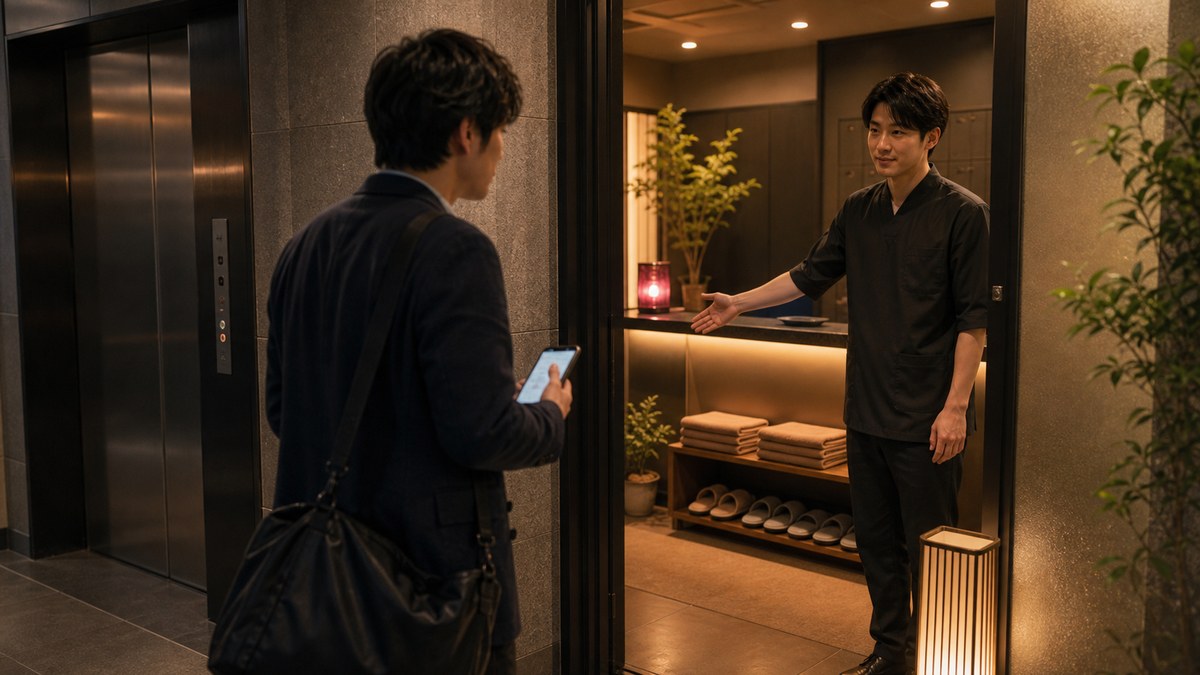 店舗型の予約から入店まで。天神の雑居ビルへの要点を表す画像