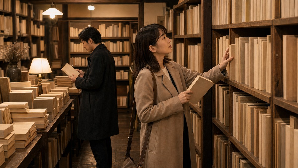古本屋の灯りで、本を選んでる子を見つけるの要点を表す画像