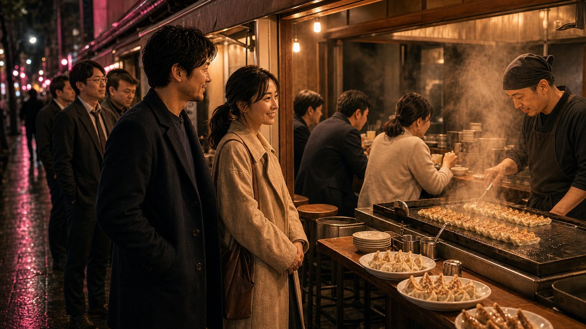 餃子店という名の社交場｜行列と相席が会話を勝手に作るの要点を表す画像
