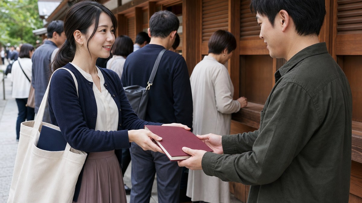 御朱印の列に並びながら、銀行員の素が漏れるの要点を表す画像