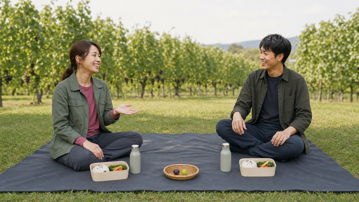 シートで弁当。みんなで食べると、自然に二人になる時間ができるの要点を表す画像