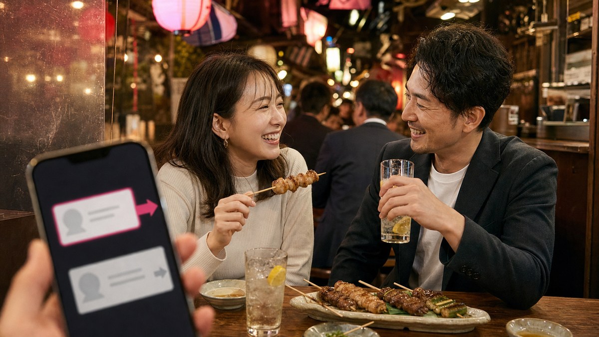 今夜の返信から焼き鳥店で会う男女と無反応メッセージの対比