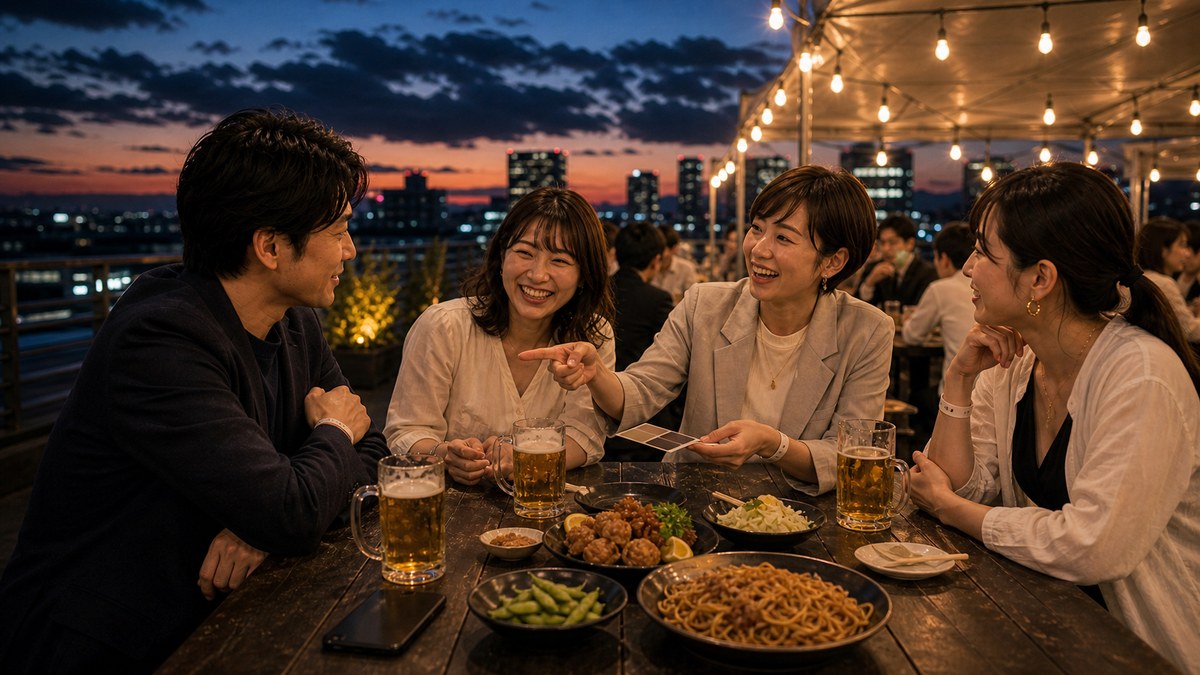 夕暮れの屋上で、ジョッキ片手にだらだら喋るの要点を表す画像