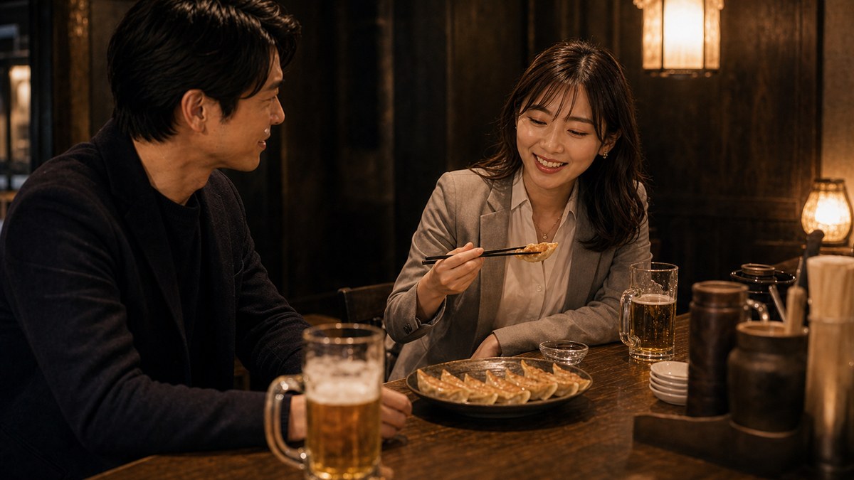 餃子とビールが来たら、接客スマイルが少し剥がれたの要点を表す画像