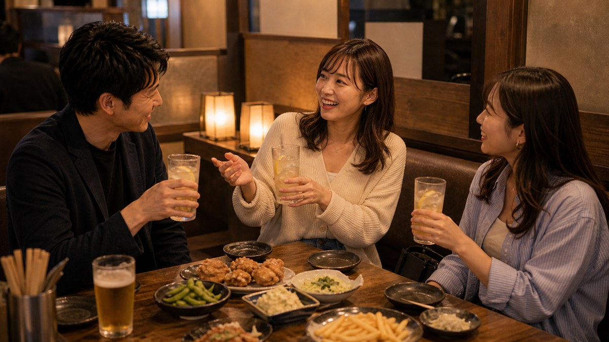 安い居酒屋で、学生ノリのまま温まるの要点を表す画像