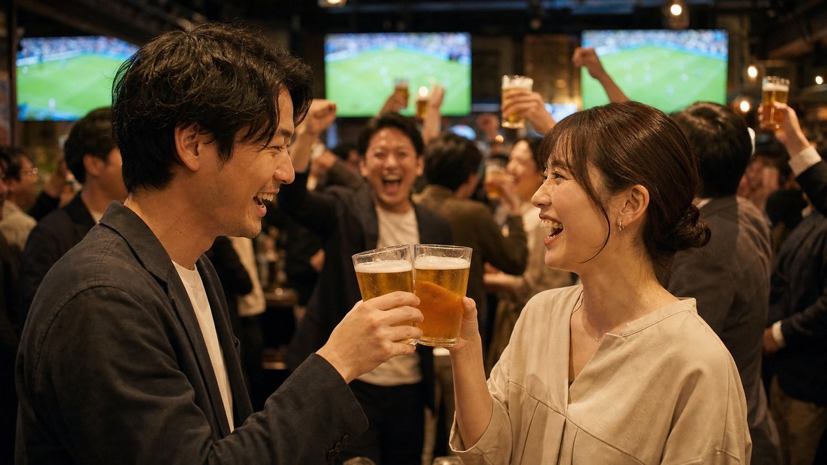 ゴールの瞬間、立ったまま乾杯の要点を表す画像
