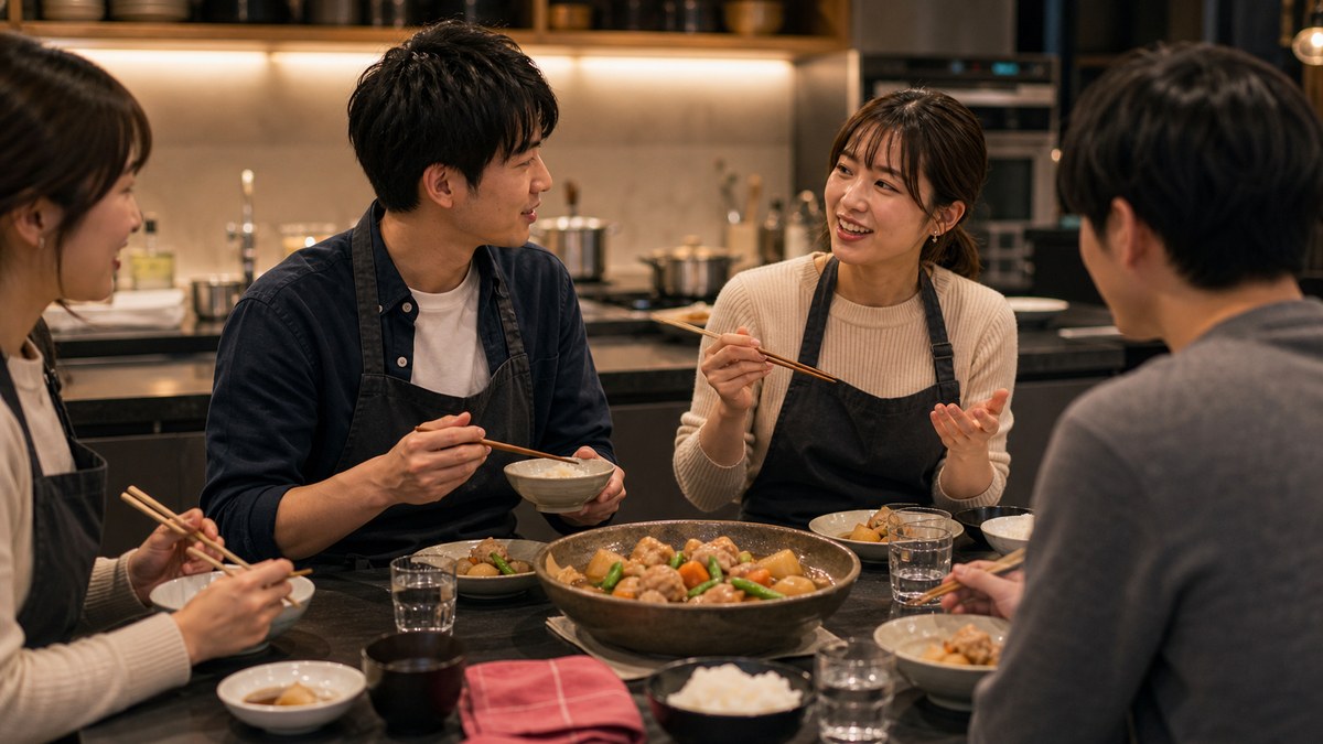 試食でできた料理を分け合う。あれが一番、素が出るの要点を表す画像