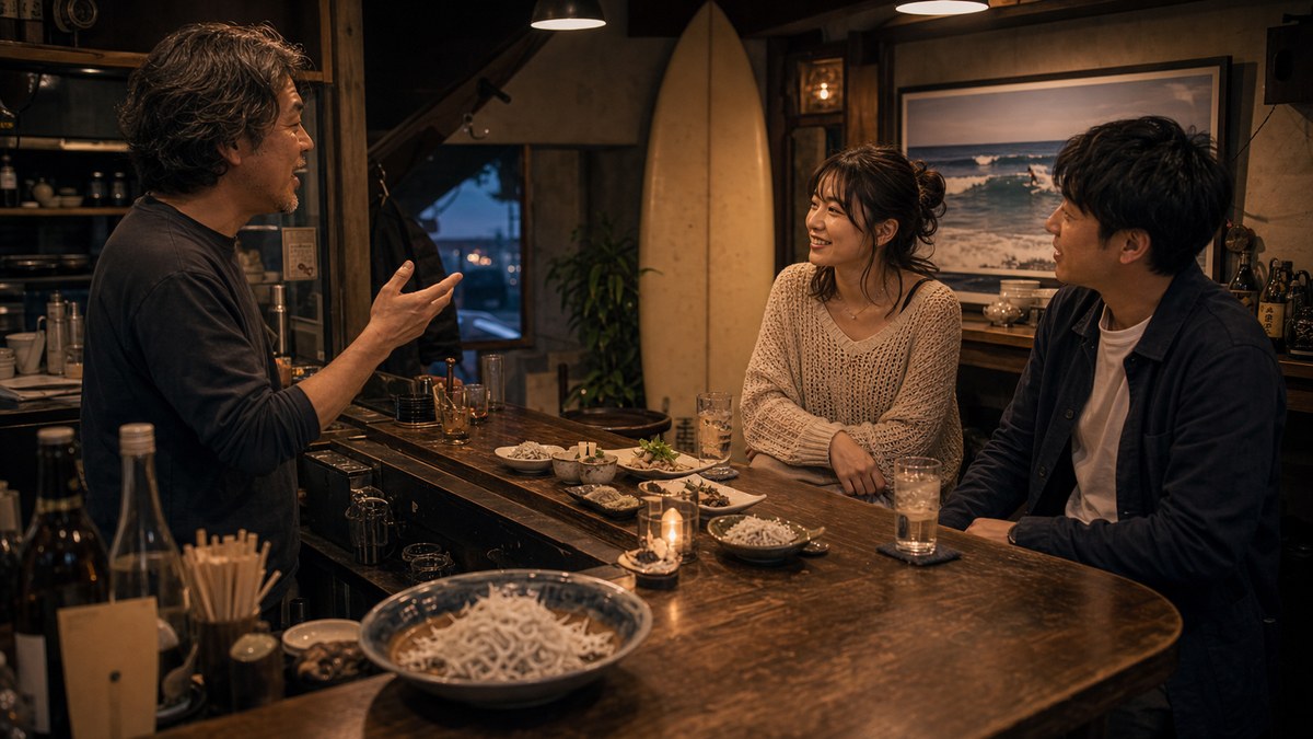 地元の子に案内されて飲む茅ヶ崎の夜の要点を表す画像