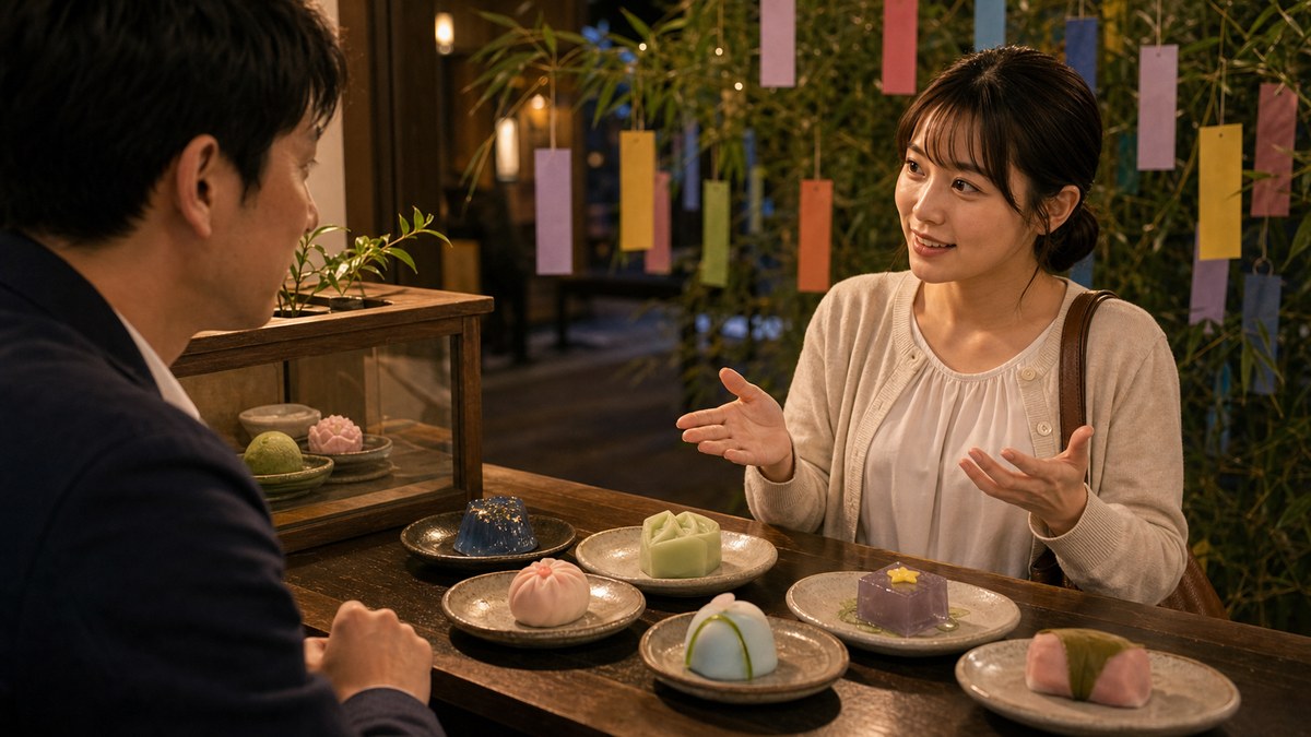 和菓子屋の話になると、声がちょっと前に出るの要点を表す画像