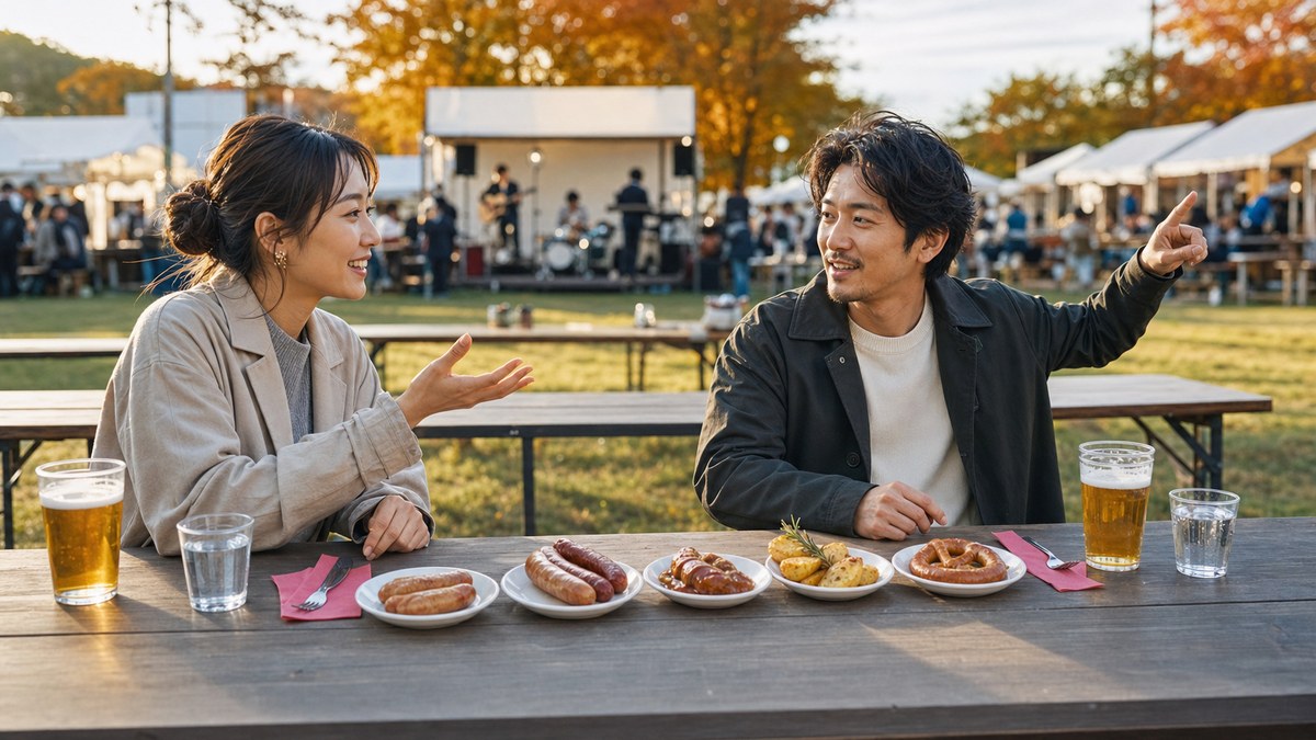 長テーブルで乾杯。屋台を食べ比べしながら半日の要点を表す画像