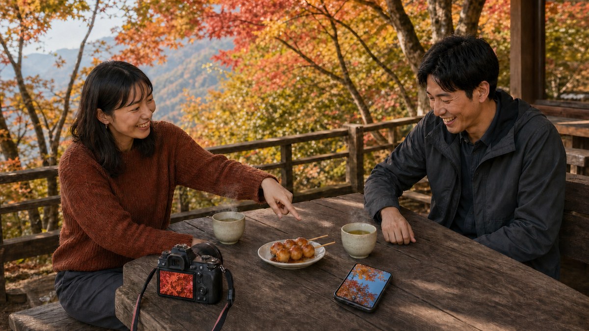 茶屋で団子。落ち着いた大人と、酒なしで二時間の要点を表す画像