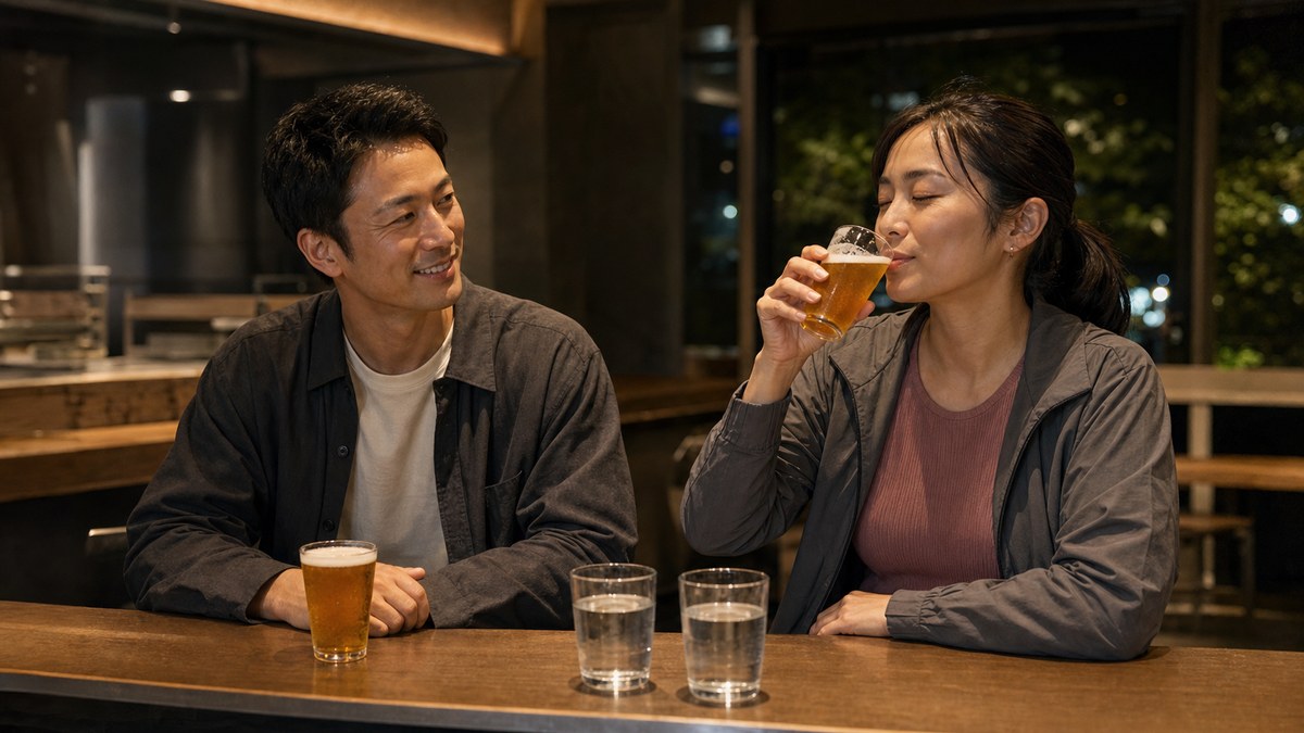 汗が引いてからのクラフトビールで、カナが崩れたの要点を表す画像