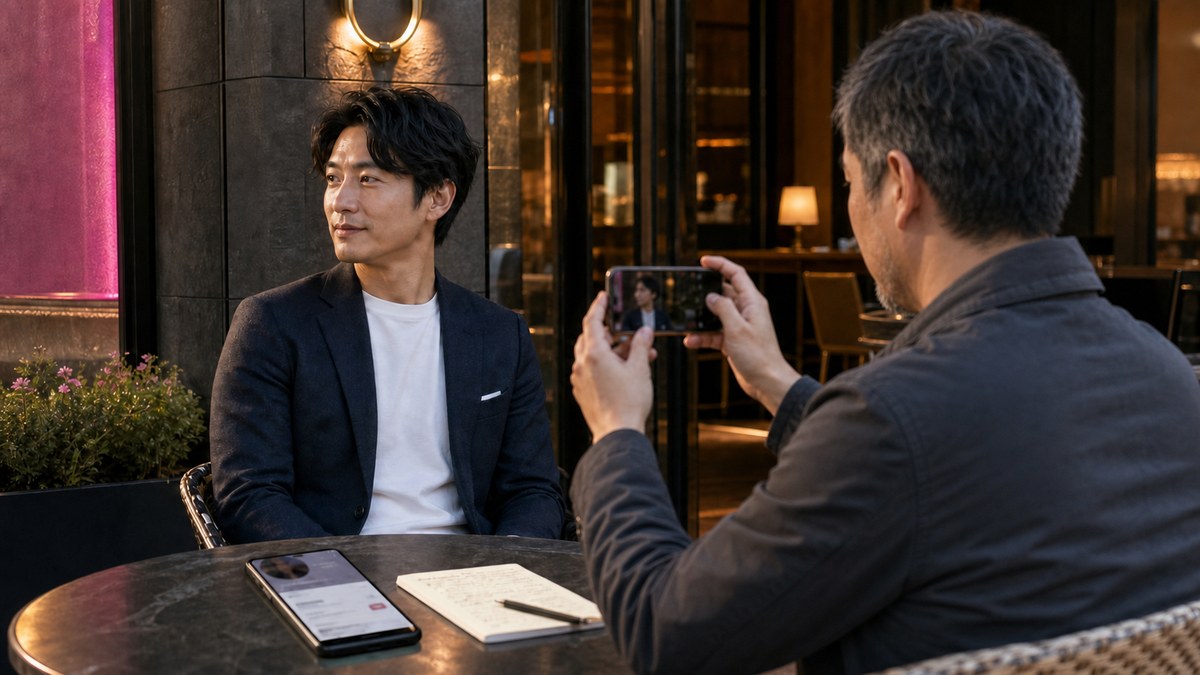 友人にプロフィール写真を撮ってもらう男性とpaters用スマホ