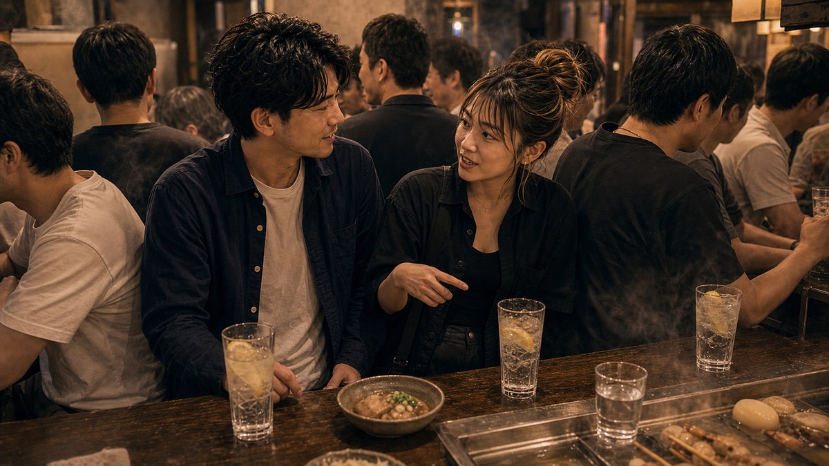 レモンサワー三杯、立ち飲みの肩が触れる距離の要点を表す画像