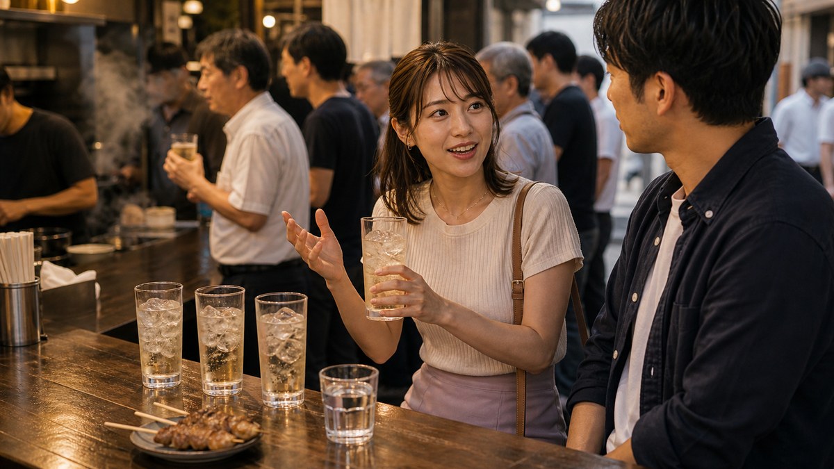 ハイボール三杯、立ち飲みの陽気な熱気の中での要点を表す画像