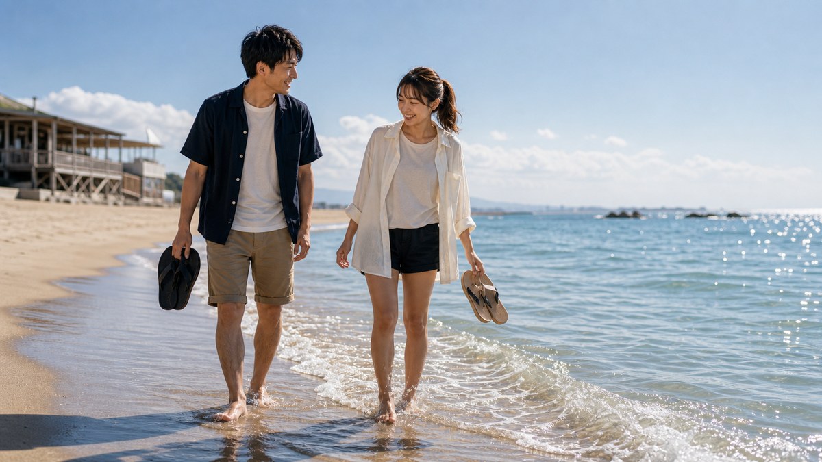 波打ち際まで歩いて、足だけ海につけるの要点を表す画像