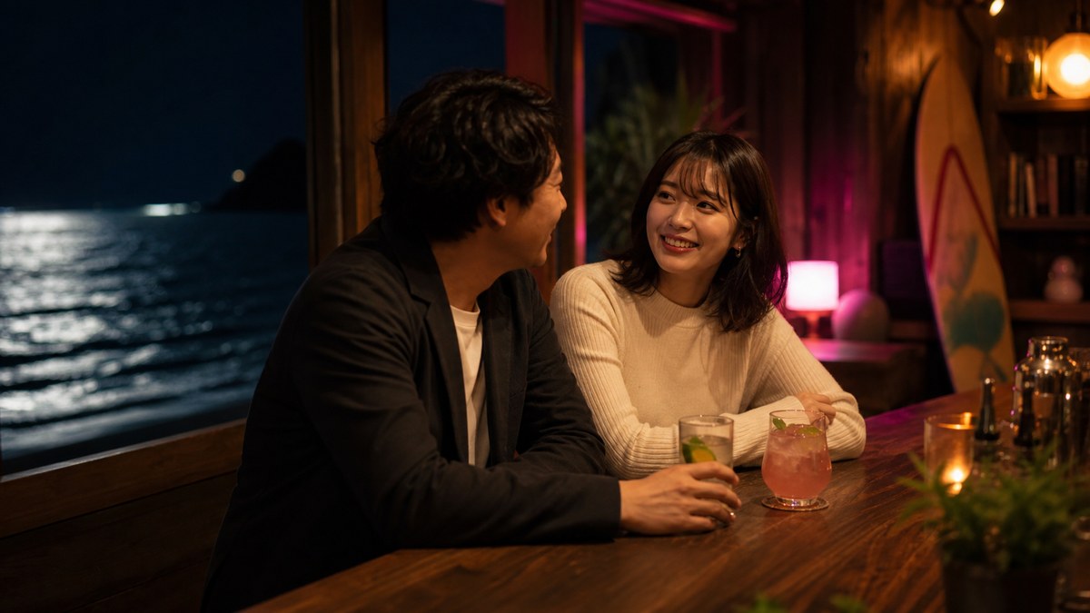 店を変えて、海寄りのバーへ。いい雰囲気までの要点を表す画像