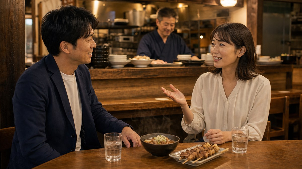 駅前の居酒屋で、川口の話で盛り上がるの要点を表す画像