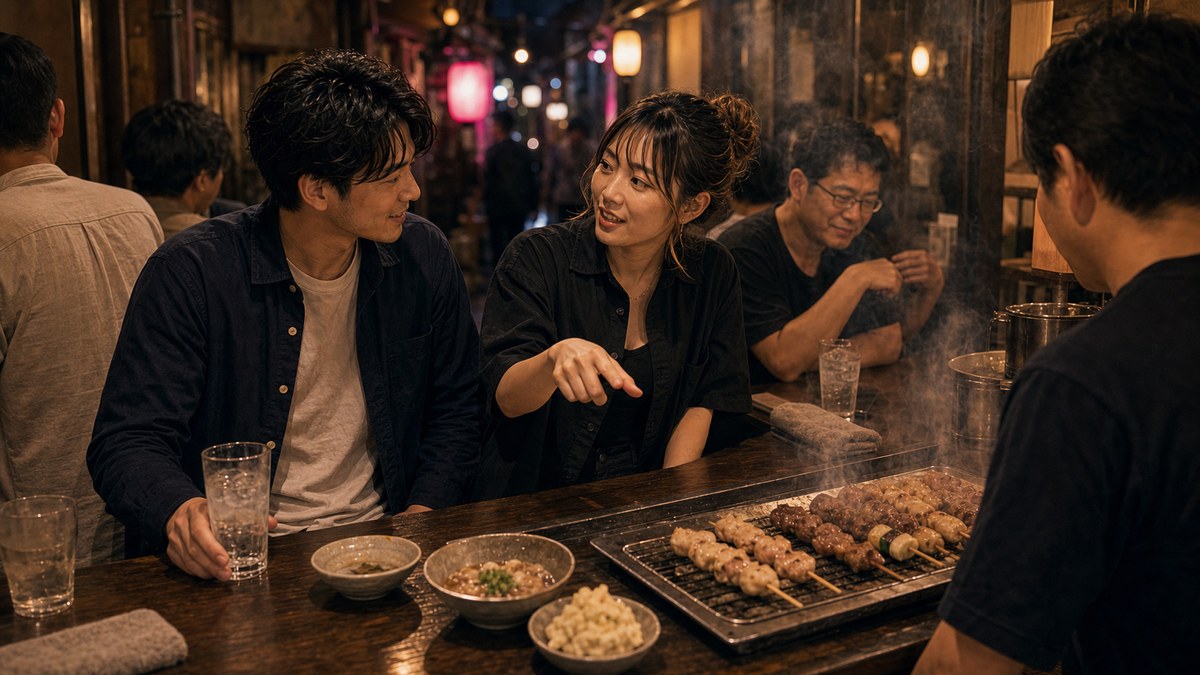 もう一軒、もつ焼きの煙の中での要点を表す画像