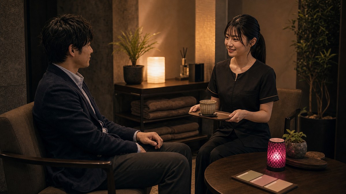 施術中の会話と、博多のセラピストの距離感の要点を表す画像