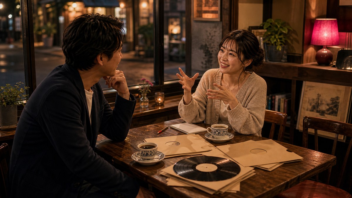 近くの喫茶で、止まらなくなったレコードの話の要点を表す画像