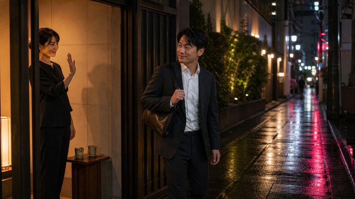 お茶を飲みながらの雑談と、天神の帰り道の要点を表す画像