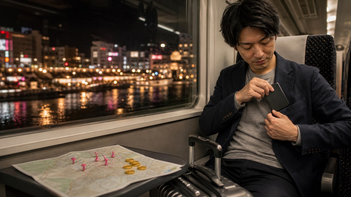 福岡を離れる車内でスマホをしまう旅行者と次回用の地図―Jメール最終評価