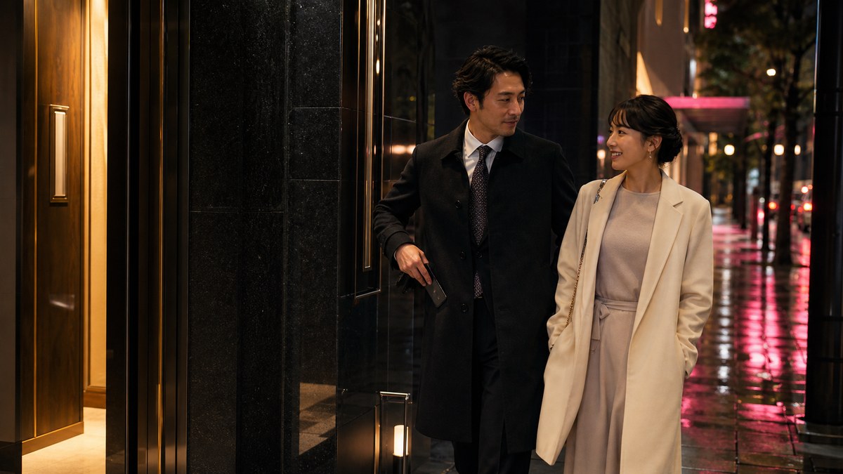 雨上がりの銀座を並んで歩く30代男女。patersの最終評価