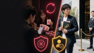 運営側のサクラと外部から紛れ込む業者を、正体と対策ごとに分けた構図