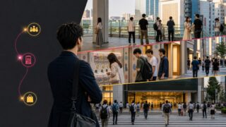 秋葉原の電気街で、待ち合わせ・回遊・ガチャ前の立ち止まりを読む男性
