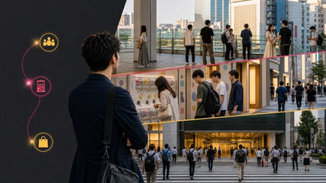 秋葉原の電気街で、待ち合わせ・回遊・ガチャ前の立ち止まりを読む男性
