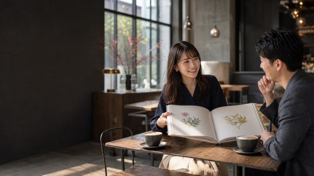 昼のカフェで植物画の図録を囲み会話する成人男女