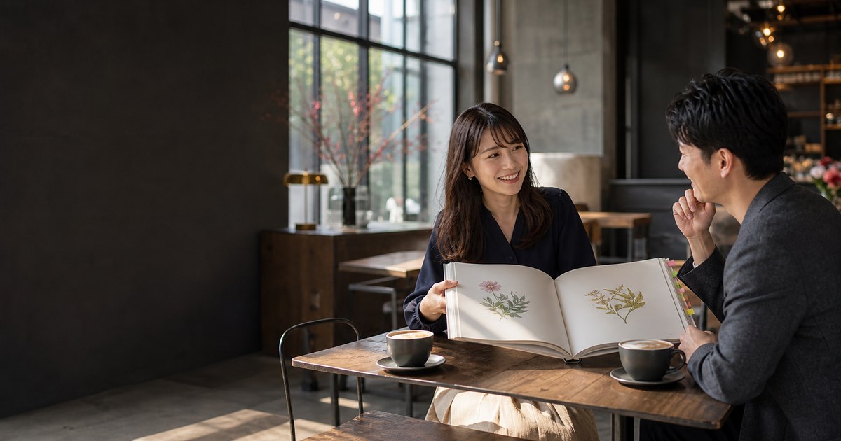 昼のカフェで植物画の図録を囲み会話する成人男女